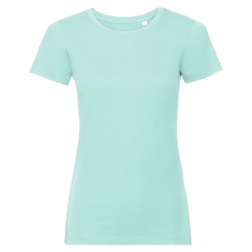Aquablaues Damen T-Shirt aus Bio-Baumwolle mit kurzen rmeln.