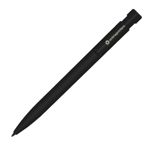 Schwarzer Kunststoff-Kugelschreiber mit Druckmechanismus und Soft-Touch-Oberflche.