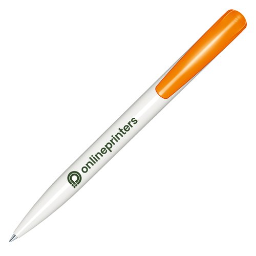 Weier/Oranger Kunststoff-Kugelschreiber mit Druckmechanik und polierter Oberflche.