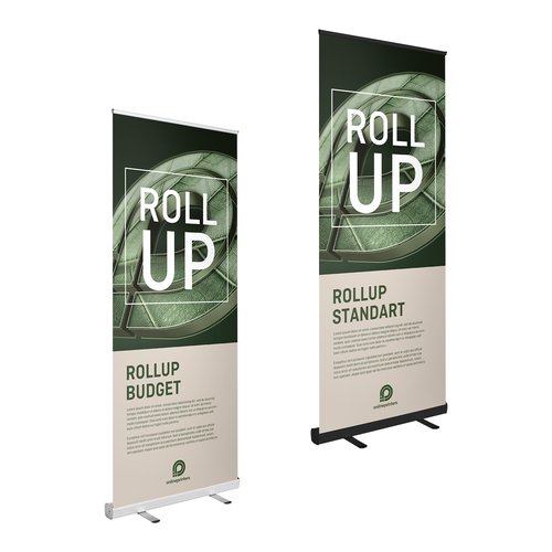 Rollup-System mit ausziehbarer Grafik und Aufrollmechanismus.