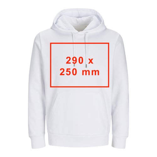 Weier Unisex-Hoodie aus Stoff mit Kapuze und Kngurutasche.