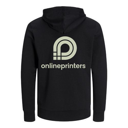 Schwarzer Unisex-Hoodie aus Bio-Baumwolle und recycelter Baumwolle mit Kapuze.