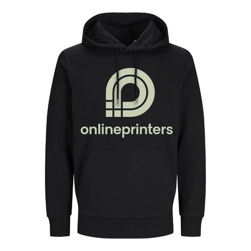 Schwarzer Hoodie aus Baumwollmischung, Unisex-Passform, mit Kapuze und Kngurutasche.