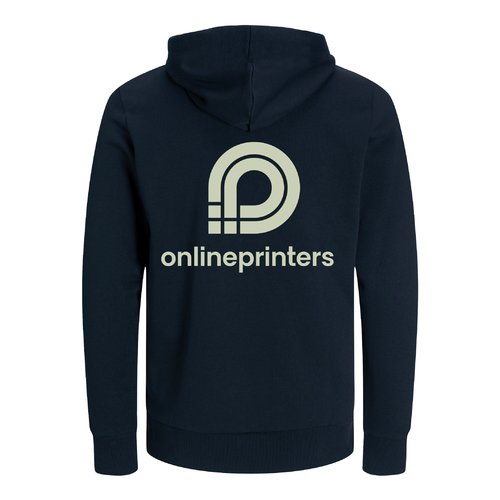 Marineblauer Baumwoll-Hoodie, Unisex-Schnitt, mit Kapuze und Kordelzug.
