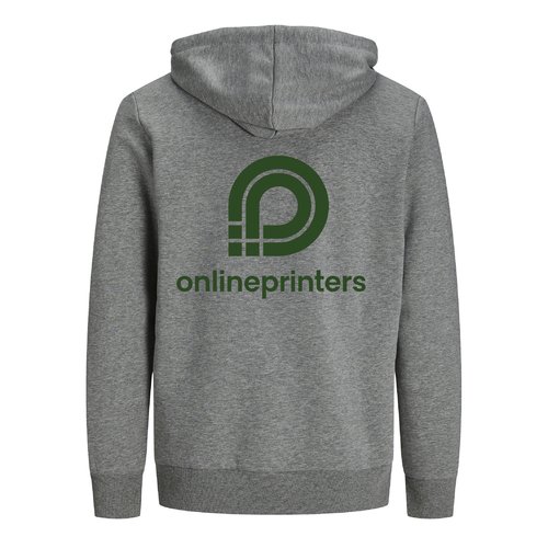 Grau melierter Baumwoll-Hoodie mit Kapuze und Kordelzug, Unisex-Schnitt.
