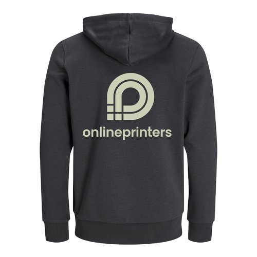 Anthrazitfarbener Unisex-Hoodie aus Bio- und recycelter Baumwolle mit Kapuze.