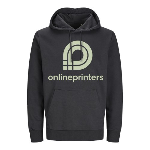 Anthrazitfarbener Hoodie aus Bio- und recycelter Baumwolle mit Kapuze und Kngurutasche.