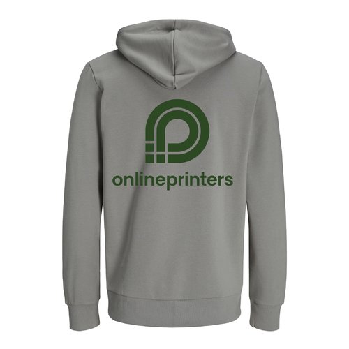 Grauer Hoodie aus Bio-Baumwolle und recycelter Baumwolle, Unisex-Schnitt und Kapuze.