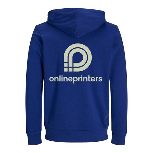 Dunkelblauer Baumwoll-Hoodie, Unisex-Passform, mit Kapuze.