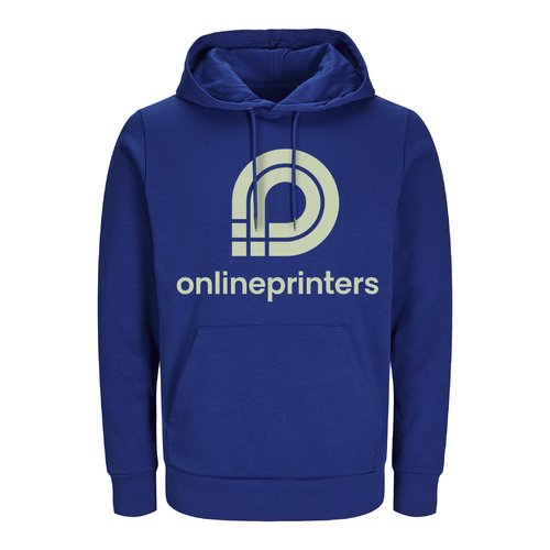 Dunkelblauer Baumwoll-Hoodie, Unisex-Schnitt, mit Kapuze und Kordelzug.