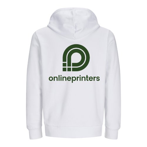 Weisse Sweatshirtjacke aus Bio-Baumwolle und recyceltem Polyester mit Kapuze.