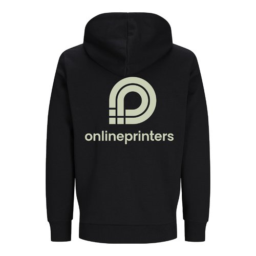 Schwarze Sweatjacke aus Bio-Baumwolle und recyceltem Polyester mit Kapuze.