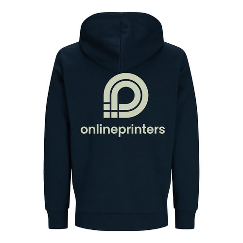 Marineblaue Unisex Sweatshirtjacke aus Bio-Baumwolle und recyceltem Polyester mit Kapuze.