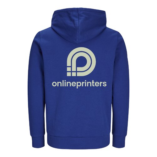 Dunkelblaue Sweatjacke aus Bio-Baumwolle und recyceltem Polyester mit Kapuze.