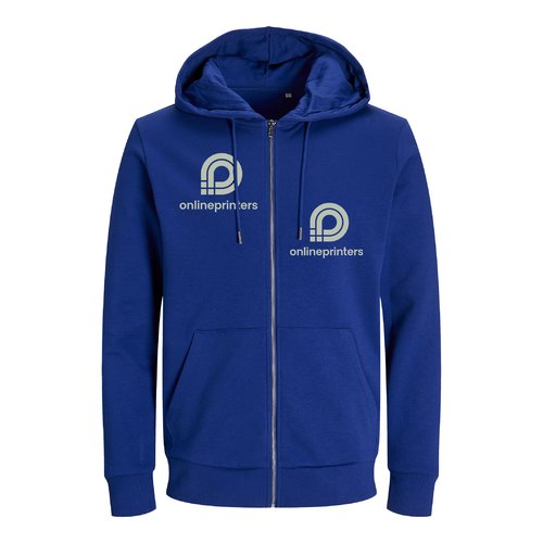 Dunkelblaue Sweatjacke aus Baumwollmischgewebe, Unisex-Passform mit Kapuze und durchgehendem Rei�verschluss.