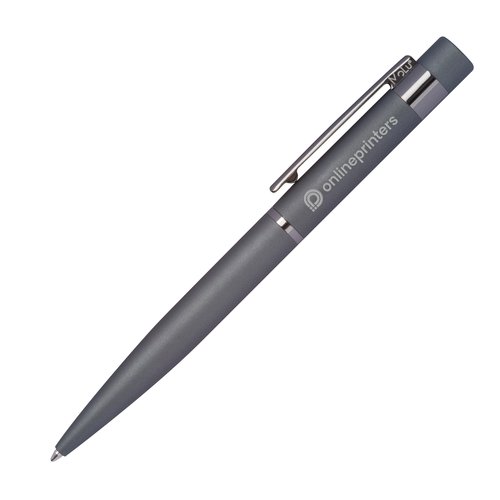 Anthrazitfarbenes Schreibset aus Metall, bestehend aus Kugelschreiber und Etui.