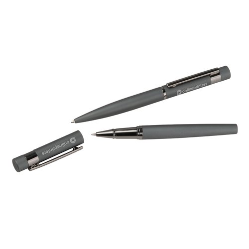 Anthrazitfarbenes Schreibset mit Kugelschreiber und Rollerball.