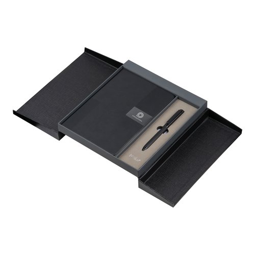 Schwarzes Notizbuch mit Stift und Hardcover in Geschenkbox.