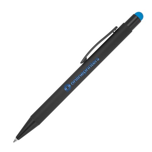Hellblauer Metall-Kugelschreiber mit Touchfunktion, Clip und Druckmechanismus.