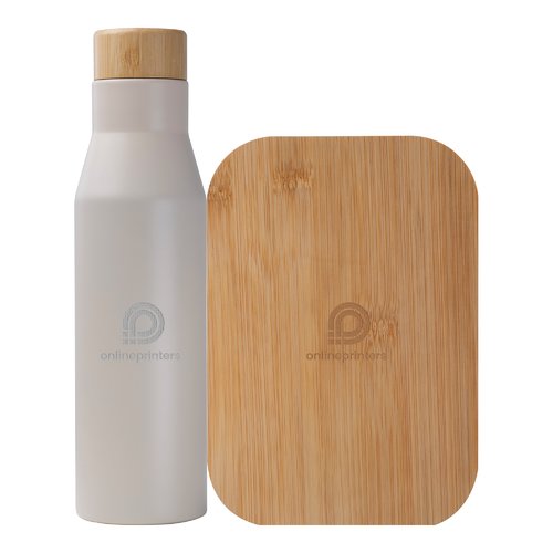 Graue Edelstahl-Trinkflasche mit Bambusdeckel und Brotdose aus Bambus als Set.