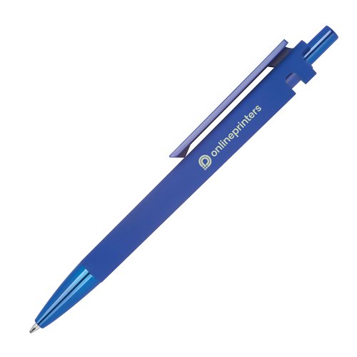 Blauer ABS-Kugelschreiber aus Recyclingmaterial mit Clip und Druckknopf.
