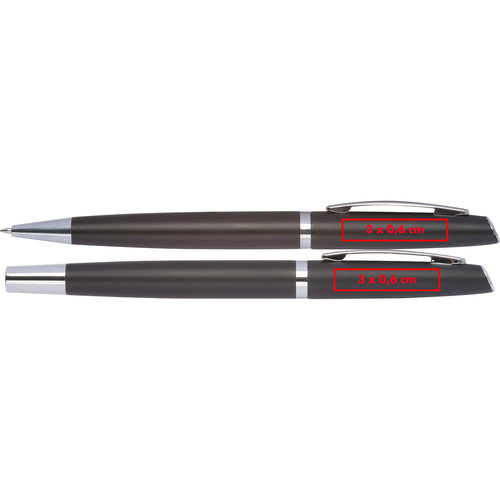 Orangefarbenes Aluminium Schreibset mit Kugelschreiber und Stift.