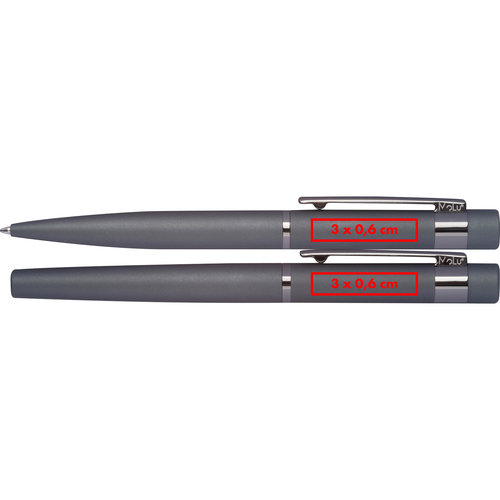 Graues Schreibset mit Kugelschreiber und Stift, inklusive Clip.