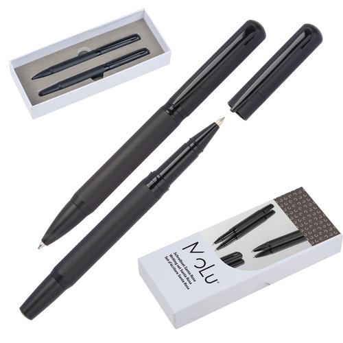 Schwarzes Schreibset aus Metall mit einem Kugelschreiber und einem Tintenroller.