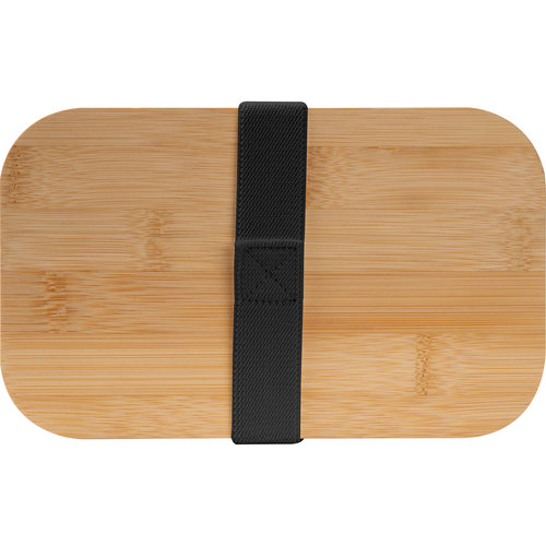 Schwarze Lunchbox mit Bambusdeckel und Verschlussband.