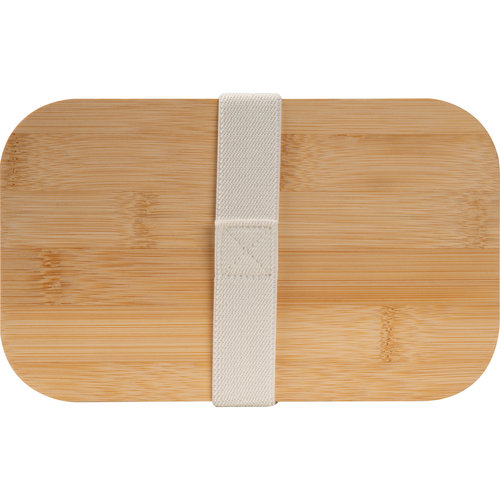 Weie Lunchbox mit Bambusdeckel und elastischem Verschlussband.