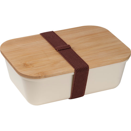Beige Lunchbox aus Bambus mit Edelstahlflasche und Gummiband.