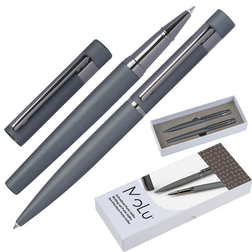 Graues Metall-Schreibset mit Kugelschreiber und Rollerball.
