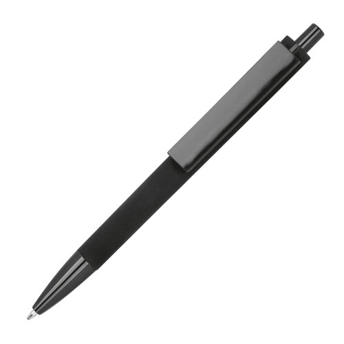 Schwarzer Kugelschreiber aus recyceltem ABS-Kunststoff mit Clip und Druckmechanismus.