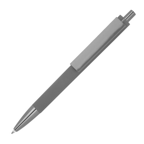Grauer Kugelschreiber aus recyceltem ABS-Kunststoff mit Druckknopf.