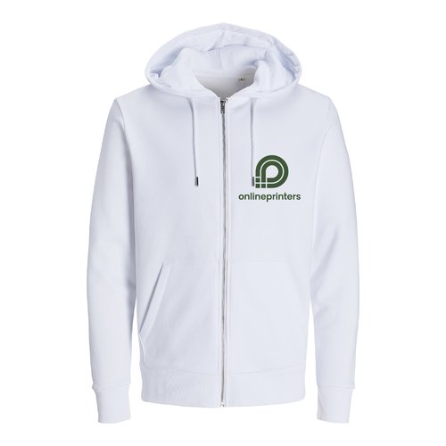 Weisse Sweatjacke aus Bio-Baumwolle und recyceltem Polyester mit Kapuze und durchgehendem Reissverschluss.