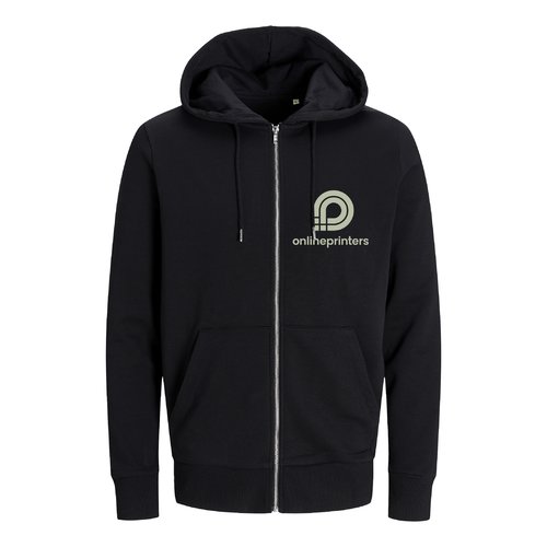 Schwarze Sweatjacke aus Stoff mit Kapuze und durchgehendem Reiverschluss, Unisex-Schnitt.