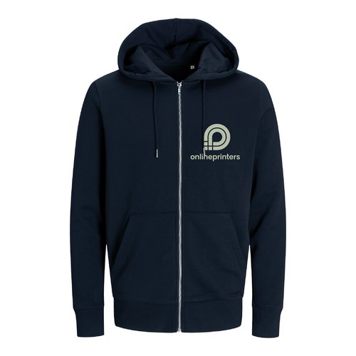 Marineblaue Sweatjacke aus Bio-Baumwolle und recyceltem Polyester mit Kapuze und durchgehendem Reiverschluss.