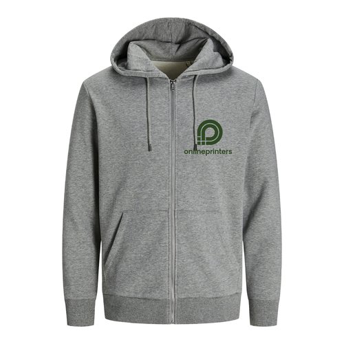 Grau melierte Sweatjacke aus Bio-Baumwolle und recyceltem Polyester mit Kapuze und durchgehendem Reiverschluss.