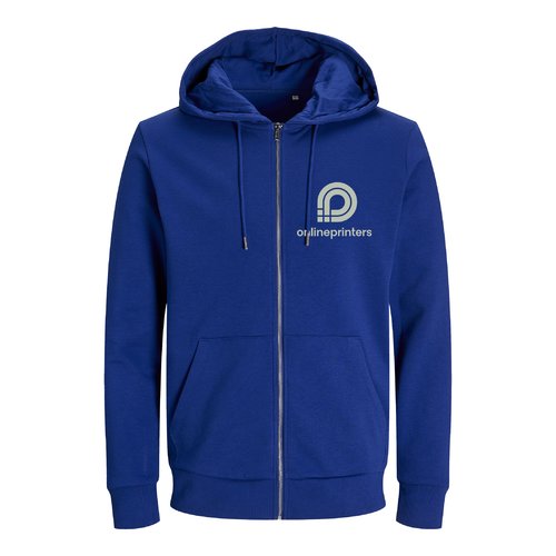 Dunkelblaue Sweatjacke aus Baumwollmischung mit Kapuze und durchgehendem Reiverschluss.