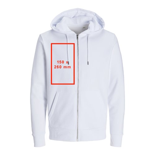 Weisse Sweatjacke mit Kapuze, durchgehendem Reiverschluss und Kngurutaschen.