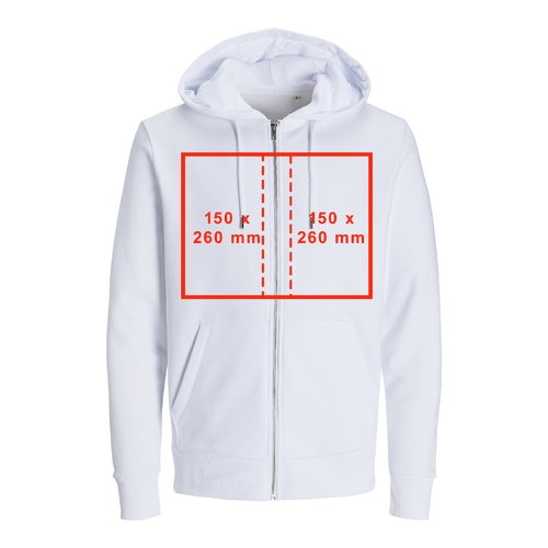 Weisse Stoff-Sweatjacke mit Kapuze, Reiverschluss und Unisex-Schnitt.