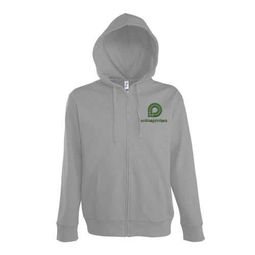 Grau melierte Sweatjacke aus Baumwollmischgewebe mit Kapuze und durchgehendem Rei�verschluss.