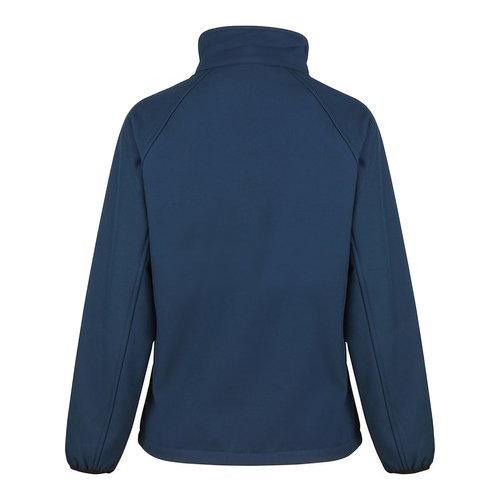 Marineblaue Damen Softshelljacke aus Polyester mit durchgehendem Rei�verschluss und Seitentaschen.