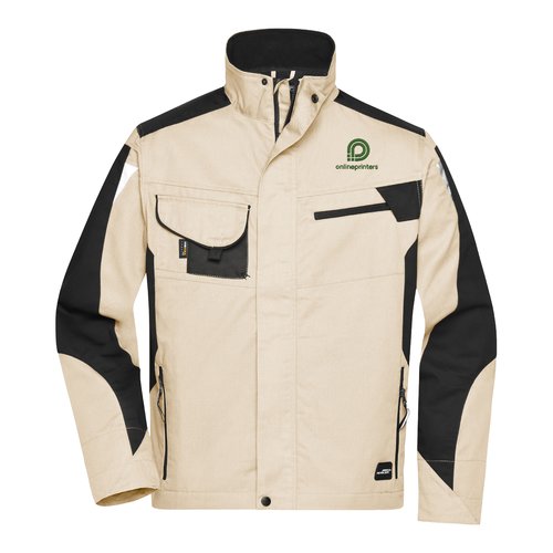 Beige/Schwarze Arbeitsjacke aus Polyester und Baumwolle mit Stehkragen und mehreren Taschen.