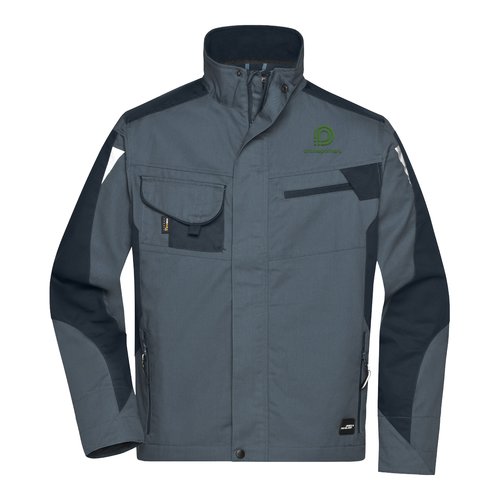 Dunkelgraue Arbeitsjacke aus Polyester-Baumwoll-Mischgewebe mit Reiverschluss und mehreren Taschen.