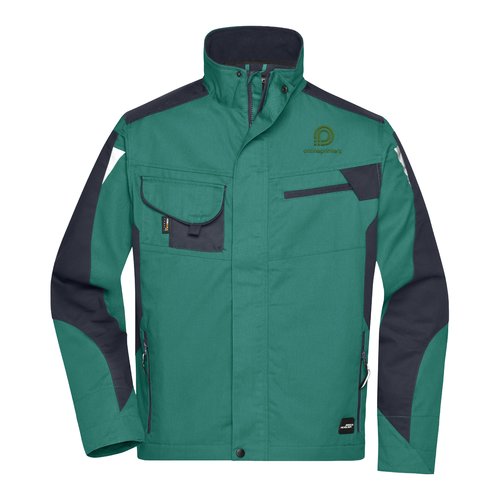 Dunkelgrn-schwarze Arbeitsjacke aus Polyester-Baumwoll-Gemisch mit mehreren Taschen.