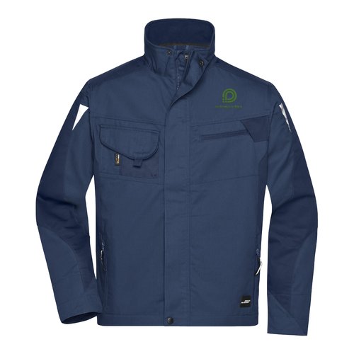 Marineblaue Arbeitsjacke aus Polyester-Baumwoll-Mischgewebe mit mehreren Taschen.