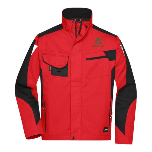 Rote Arbeitsjacke aus Polyester-Baumwoll-Gemisch mit Reiverschluss und mehreren Taschen.