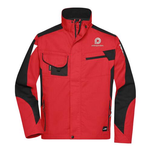 Rote Arbeitsjacke aus Polyester-Baumwoll-Gemisch mit Rei�verschluss und mehreren Taschen.