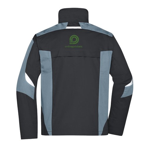 Schwarzgraue Arbeitsjacke aus Mischgewebe mit durchgehendem Reiverschluss und Seitentaschen.
